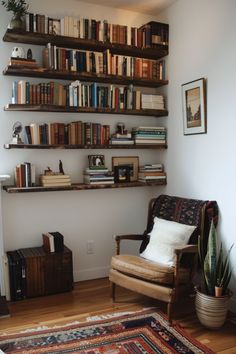 a living room filled with furniture and lots of books on the shelves next to a rug