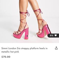 Simmi Sia Wrap Platform Heel Metallic Pink Size 7 Nwt Brand Is Simmi, From Asos Pink Fitted Lace-up Sandals, Fitted Lace-up Pink Sandals, Fitted Pink Lace-up Sandals, Red Suede Heels, Jeweled Heels, Strappy Block Heels, Pink High Heels, Asos Shoes, Green Heels