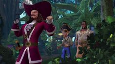 a group of animated pirates standing in front of some trees and plants with one pointing at something