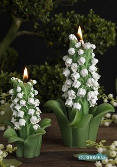 two candles are sitting next to some flowers