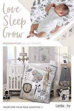 a baby is sleeping in his crib with the words love sleep grow on it