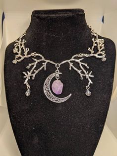 Stone is Amethyst Drop beads are glass Metal components are not surgical steel and may contain nickel Chain is adjustable in length Triple Goddess Necklace, Moon Goddess Necklace, Crescent Moon Jewelry, Pagan Necklace, Pentagram Necklace, Spiritual Necklace, Witch Necklace, Moon Phases Necklace, Branch Necklace