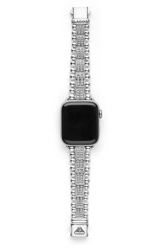 Update your Apple Watch with this sterling silver band textured with signature Caviar beads and sparkling pavé diamonds. Fits the Series 1 through 9 Apple Watch for sizes 38mm through 45mm (not included) Push-clasp closure Total diamond weight: 2.3ct. Color: G–H Clarity: SI Sterling silver/diamond Imported >Diamond Guide Modern Silver Diamond Watch With Diamond Accents, Luxury Diamond Watch Bands In White Gold, Elegant Silver Watch Bands With Bracelet Strap, Luxury White Gold Diamond Watch Bands, Elegant Silver Watch Accessories With Bling, Silver Watch Bands With Palladium Hardware For Gift, Silver Bling Watch Bands As Gift, Timeless Silver Jewelry With Rhinestones, Classic Silver Apple Watch Band For Formal Occasions