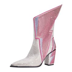 Irregular Jeweled Chunky Heel Dance Boots Rhinestone Knee High Boots | Up2Step Pink Party Ankle Heeled Boots, Summer Party Boots With Rhinestones, Pink Party Ankle Boots, Pink Ankle Heeled Boots For Party, Trendy Pink Heeled Boots For Party, Embellished Pink High Heel Boots, Pink Embellished High Heel Boots, Embellished Pink Boots For Fall, Trendy Party Boots With Rhinestone Rivets