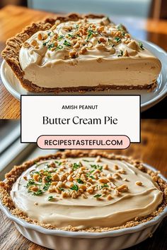 an image of butter cream pie with walnuts on top and the title below reads, amish peanut butter cream pie