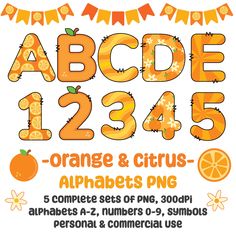 an orange and citrus themed alphabet with numbers