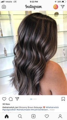 Dark Brown Hair With Cool Toned Highlights, Dark Brown Bayalage Hair Ash, Dark Hair Balayage Ashy, Smokey Highlights Dark Hair, Black And Ash Brown Hair, Cool Brown Highlights On Black Hair, Dark Hair With Mushroom Highlights, Brunette With Ash Highlights, Dark Brown Ashy Highlights