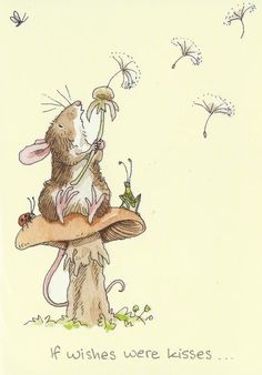 a mouse sitting on top of a mushroom with dandelions in the sky behind it