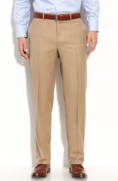 Italian wool adds a luxe style to staple flat-front trousers that offer a smart, modern look. 11" front rise; 17 1/2" back rise (size 60) 100% wool Dry clean Made in Italy Beige Pants Men Outfit, Pants Men Outfit, Blue Blazer Men, Beige Pants Men, Formal Pant, Slim Fit Pants Men, Graphic Sweatpants, Slim Fit Chino Pants, Climbing Pants