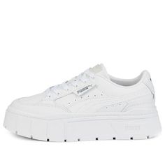 (WMNS) PUMA Mayze Stack Leather 'Triple White' 384412-01 (SNKR/Skate/Casual/Women's) Urban Style Platform Sneakers For Sports, Urban Style Platform Sneakers With Rubber Sole, Stylish Sneakers, Perfect Pair, Your Perfect, Casual Women, Sneakers, Leather, White