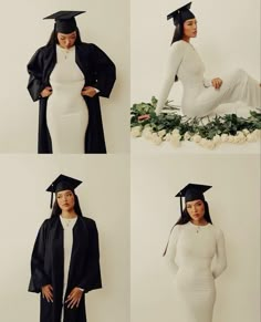 four photos of a woman in graduation gowns