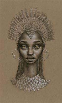 a drawing of an african woman with feathers on her head and yellow eyes, in front of a brown background