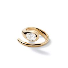 a gold ring with a white diamond in the center and two curved bands around it