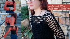 a collage of photos shows a woman with red hair and glasses wearing a crocheted top