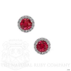 The earrings primarily feature a beautiful, transparent pair of rubies that are 0.65 total carat weight. They are round shape red rubies, with the dimensions of 4.00 x 4.00 x 2.65 mm and are mixed brilliant cut, have a clarity grade of very slightly included (evaluated at eye level), vivid color intensity, and an excellent polish. The origin of this pair of rubies is Mozambique. Also featured in the earrings are 32 white round shaped brilliant cut diamonds, weighing a total of 0.12 carats. Formal Red Diamond Earrings With Brilliant Cut, Formal Red Diamond Earrings, Red Diamond Earrings With Brilliant Cut, Luxury Red Brilliant Cut Earrings, Red Diamond Earrings For Formal Occasions, Fine Jewelry Red Diamond Earrings For Formal Occasions, Red Cluster Earrings For Formal Events, Classic Red Diamond Earrings With Brilliant Cut, Red Brilliant Cut Diamond Earrings For Wedding