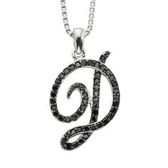 "Create a signature look with this divine black diamond intial pendant. Pendant Details: Pendant length: .49 in. Necklace: 18 in. Clasp: spring-ring Metal: sterling silver, black rhodium-plated sterling silverDiamond Details: Total weight: 1/4 ct. Cut: round Color: black Setting: prongImage(s) may be enlarged to show detail.Diamond weights are approximate. Diamond total weights may vary between .01 and .08 ct. Some diamonds have fewer than 17 facets.Gemstones may have been treated to enhance the Create A Signature, Sterling Silver Initial, Initial Pendant Necklace, Black Rhodium, Initial Pendant, Silver Diamonds, Metal Rings, Black Diamond, Spring Rings