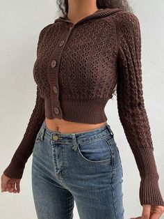 ⚡️Buy Crochet Hollow Hooded Crop Cardigan Brown S under $41.00 in Sweaters Online. Style: Casual, Street. Color: Brown. Fabric Content: Cotton, Polyester. Fit Type: Slim fit. Neckline: Crew Neck. Sleeve Length: Long Sleeve. ✓2022 SPRING DROPS✓Free Shipping on all orders over $69 USD.. Check reviews and order Crochet Hollow Hooded Crop Cardigan today. Cardigan Brown, Y2k Long Sleeve, House Clothes, Crop Cardigan, Brown Cardigan, Brown Fabric, Sweaters Online, Alternative Outfits, Knitwear Tops