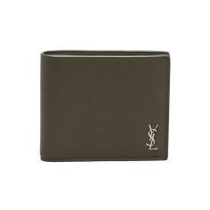 Saint Laurent bifold wallet in grained calf leather features a silvertone monogram plaqué at front Approx. 4.25"L x 1.0"W x 3.8"H Two interior bill compartments Eight interior card slots; two side slip compartments Tonal topstitching Made in Italy Modern Bifold Wallet With Logo Plaque, Luxury Leather Wallet With Silver-tone Logo, Luxury Formal Wallets With Silver-tone Logo, Designer Wallets With Engraved Logo For Professional Use, Designer Business Wallets With Engraved Logo, Formal Leather Wallets With Embossed Logo, Formal Bifold Wallet With Embossed Logo, Classic Bifold Wallet With Engraved Logo, Designer Formal Wallets With Embossed Logo