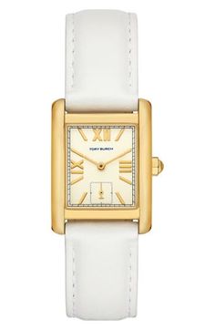 A mix of Roman numeral and stick indixes marks the rectangular dial of this elegant watch set on a rich leather strap. 25mm x 34mm case; 18mm band width Buckle closure Quartz movement Mineral crystal face Stainless steel with goldtone plate/leather Imported Classic Rectangular Watch Accessories, Designer Rectangular Watch Accessories With Leather Strap, Luxury White Rectangular Watch Accessories, Classic Watches With Rectangular Metal Dial, Classic White Watch With Rectangular Dial, Designer Watch Accessories With Leather Strap And Rectangular Shape, Classic White Leather Watch Accessories, Classic Watch Accessories With Leather Strap And Rectangular Dial, Classic Leather Watch With Rectangular Dial