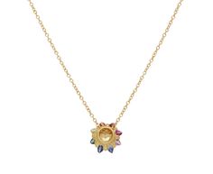 With its playfully, luxurious vibe, this Polly Wales necklace is a testament to her brilliant creativity. The rainbow collection of vibrant sapphires range from rosy pink to sunshine yellow to mossy green. Each stone is cast directly into the 18K yellow gold pendant, creating a tiny, rainbow daisy flower. It hangs from the center of the 18K yellow gold chain. total length : 17 : 18K yellow gold 18K yellow gold and rainbow sapphire pendant : 3/8" diameter rainbow sapphires : vary : 2.5mm x 1.5mm Polly Wales Jewelry, Rainbow Daisy, Jewelry Facts, Daniela Villegas, Twist Jewelry, Rainbow Sapphires, Mossy Green, Cathy Waterman, Daisy Necklace