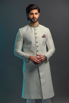 Buy Golden Mens Sherwani Pakistani Designer Dress in Fine Quality Embellishments paired with Straight-cut Trousers/Churidar. Customizable. Fast Shipping Pakistani Wedding Look, Sherwani Pakistani, Pakistani Designer Dress, Ivory Sherwani, Engagement Suits, Sherwani For Men Wedding, Sherwani Groom, Mens Sherwani, Resham Work