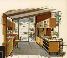 a drawing of a kitchen with wooden cabinets and counter tops