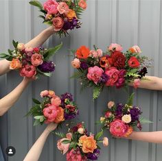 six hands holding flowers in front of a metal wall with green leaves and pink, red, orange, and purple flowers