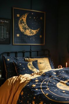 a bed room with a neatly made bed and two lit candles on the nightstands