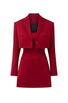 Blazer Set Dress, Red Suits For Women Shorts, Blazer Dresses For Women, Crop Blazer With Dress, How To Pair Red, Red Dress With Blazer, Two Piece Blazer Set, Crop Blazer Outfit, Dress And Blazer Outfit