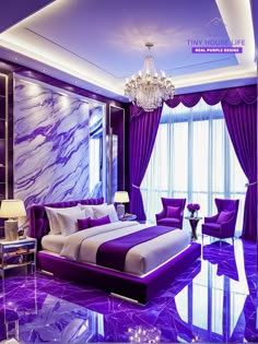 a bedroom with purple and white decor, chandelier hanging from the ceiling and marble flooring