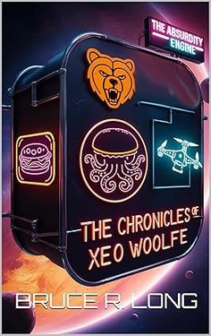 the front cover of an electronic device that is lit up with neon lights and bears on it