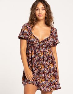 Roxy Sunset Shores Dress. Allover Floral Print. V-Neckline. Puff Short Sleeves Featuring Ruffle Trim. Loose And Flowy Fit. Approx. Length: 31''. 100% Viscose. Machine Wash. Imported. Model Is Wearing A Size Small Model Measurements:height: 5'7" Bust: 32"waist: 25"hips: 36" V-neck Mini Dress With Gathered Neckline, Spring V-neck Dress With Gathered Neckline, Casual V-neck Dress With Gathered Neckline, Flowy V-neck Dress With Gathered Neckline, Boring Clothes, Ruffle Trim, Roxy, Nightwear, Short Sleeves