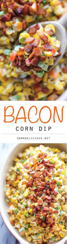 bacon corn dip recipe in a white bowl