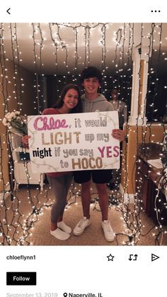 two people holding a sign that says hope it would light up my night when you say hoo