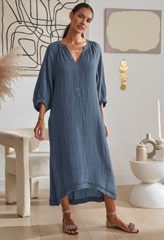 Eco friendly caftans and tunics inspired by the ocean, made on main street. Ethically sourced and locally made in Los Angeles. Not too dark, not too light, we love this neutral hue of petrol blue. This cozy, 100% cotton fabric is a staple at o+m. The double gauze fabric feels like you are wearing your favorite pajamas, and bonus, it's not the least bit sheer! To make it even more irresistible, we added pockets and a flattering asymmetric hem and the raw edge details add a bit of deconstructionis Blue Cotton Maxi Dress For Loungewear, Blue Bohemian Tunic For Daywear, Double Gauze Dress, Gauze Clothing, Cotton Gauze Dress, Cotton Short Dresses, Outfit Primavera, Double Gauze Fabric, Gauze Dress