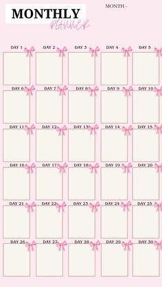 the printable month planner with pink bows