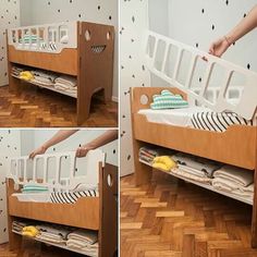 there are three pictures of a child's bed that is made out of wood