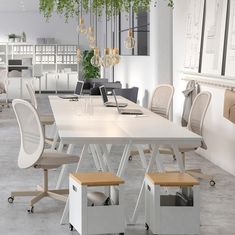 an empty conference room with chairs, tables and plants hanging from the ceiling in front of them