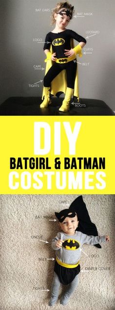 two children dressed up as batman and the words diy, batgirl & batman costumes