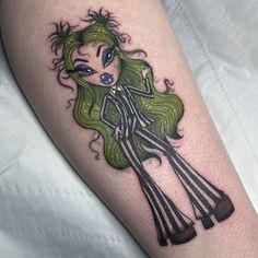 Cute Oogie Boogie Tattoo, Spooky Fairy Tattoo, Spooky Girl Tattoo, Bratz Doll Tattoo Ideas, Doll Joints Tattoo, Beetlejuice Tattoo Ideas, Wizard Of Oz Tattoo