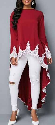 Dip Hem Burgundy Lace Patchwork #Blouse. Shop now!→More discounts for #Thanksgiving, Black Friday and #Christmas. Low Pants Outfit, Low Pants, Patchwork Blouse, Style Africain, Burgundy Blouse, Patch Work Blouse, Trendy Tops For Women, Burgundy Lace, Lace Patchwork