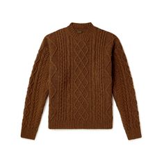 Careful production methods are at the heart of KAPITAL's design philosophy. This sweater is cable-knitted from wool yarns specially selected for their soft handle. The elbows are intarsia-woven with the label's smiley logo. Brown Cableknit Sweater, Wool Cable Knit Turtleneck Outerwear, Classic Brown Knit Sweater, Wool Turtleneck Cable Knit Outerwear, Classic Brown Cable Knit Sweater, Fitted Brown Cable Knit Sweater, Brown Cashmere Knitted Sweater, Brown Knitted Cashmere Sweater, Brown Wool Cable Knit Outerwear