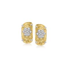 Ross-Simons - C. 1980 Vintage .55ct t. w. Diamond Flower Curved Earrings in 18kt Yellow Gold. C. 1980. From our Estate collection, these ultra-chic curved earrings celebrate the feminine spirit of florals! Beautiful .55 ct. t. w. round brilliant-cut diamond blooms in 18kt white gold sparkle around this luxe 18kt yellow gold pair, featuring textured and polished finishes for a unique, artisanal look. 18kt white gold clip/post, diamond flower curved earrings. Exclusive, one-of-a-kind Estate Jewelr Yellow Clip-on Earrings For Anniversary, Curved Earrings, Jewelry Presentation, Gold C, Diamond Birthstone, Gold Clips, Diamond Flower, Gold Sparkle, Vintage Diamond