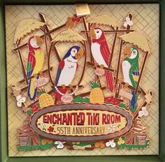 an image of a sign with parrots on it that says enchanted tig room