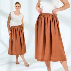 "Linen Skirt with Pockets | Pleated Elastic Waist Washed linen skirt | Midi Skirt | - 1024 - Mothers Day Gift - Gift for Her Every dress is made by hand in our family's workshop, and our washed linen is exclusively made with organic flax (GOTS certified). Choose from a wide variety of colors to match your style; our dying process is natural, hypoallergenic, and sustainable. Features ●Discreet, side pockets ●Pre-shrunk 100% washed European Linen ●Each item is completely made from organic flax (GO Linen Skirt Midi, Linen Midi Skirt, Summer Linen, Skirt Midi, Vintage Inspired Dresses, Skirt With Pockets, Cute Summer Dresses, Linen Skirt, Skirts With Pockets