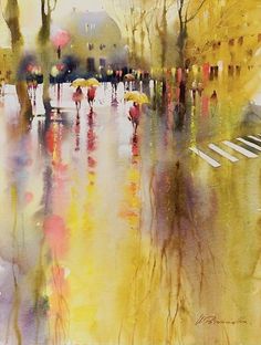 a painting of people walking in the rain with umbrellas over their heads and trees