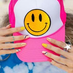 Snap On Closure Hand Wash Only Sun Protection: This Smiley Face Cap Is Perfect For All Seasons. Trendy Hats Keep Your Head Cool In The Summer And Warm During Winter, As Well A Protecting You From Sunburns When It's Hot Outside. Our Smiley Hat Will Protect Your Eyes From The Sun, And Shield Your Face From Harmful Uv Rays. It’s Perfect For A Day Out In The Town. The Trucker Cap Is Extremely Lightweight And Breathable. You'll Forget You're Wearing It! Fit Everyone: Cute Trucker Hats Are Comfortable And Secure To Wear! This Mesh Trucker Hat Has An Adjustable Plastic Snap Closure At The Back For You To Change The Size When You Wearing It. The Perfect Fit Ensures That This Smile Trucker Hat Is Playful Pink Trucker Hat For Spring, Trendy Yellow Trucker Hat For Spring, Fun Pink Trucker Hat, Pink Spring Beach Trucker Hat, Spring Beach Pink Trucker Hat, Pink Trucker Hat For Spring Beach Outings, Playful Pink Hat For Spring, Cute Pink Trucker Hat For The Beach, Fun Yellow Trucker Hat For Spring