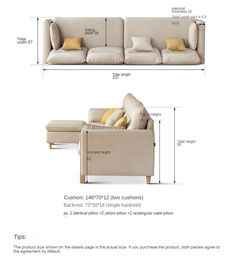 an image of a couch with pillows on it and measurements for the back side, from top to bottom