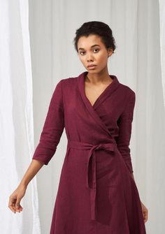 Linen shawl collar wrap dress Marlena Collar Wrap Dress, Fancy Dinners, Linen Wrap Dress, Midi Dress Elegant, Burgundy Midi Dress, Skirt Crop, Fall Winter Dresses, Dress Store, Necklines For Dresses