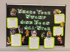 a bulletin board with pictures of cartoon characters and words describing how to share your swamp and be an all - star